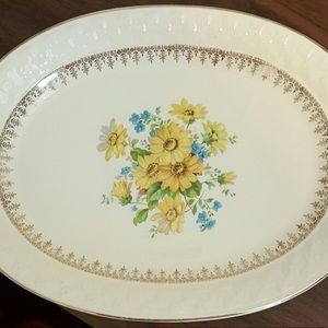 🌼 Antique Vintage Oval Yellow Floral, Gold Trim, Ivory Serving Platter.🦋